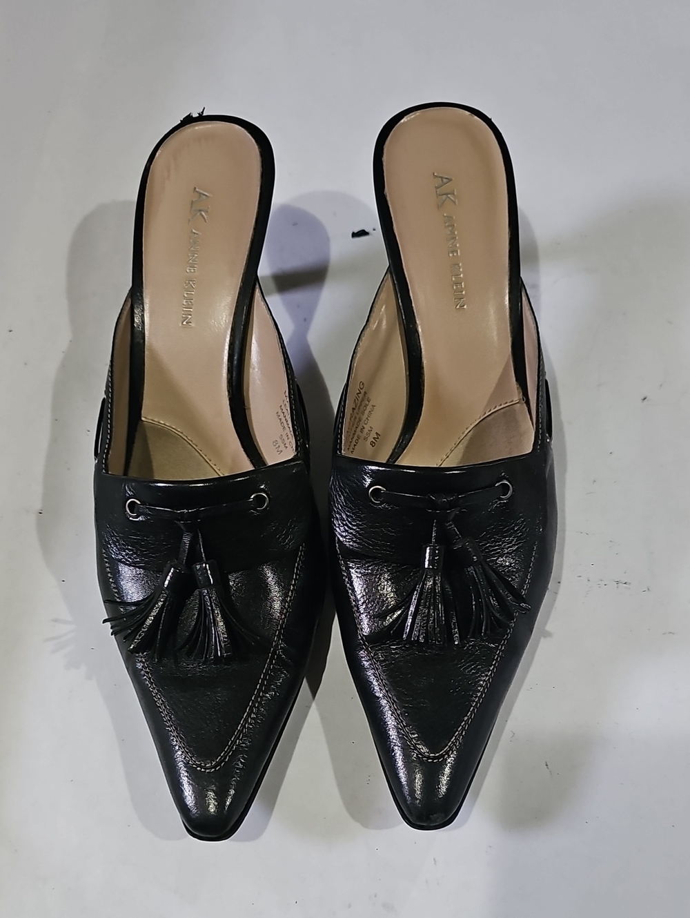 Anne Klein Black Leather Tassel Pointed- Toe Mule Slide